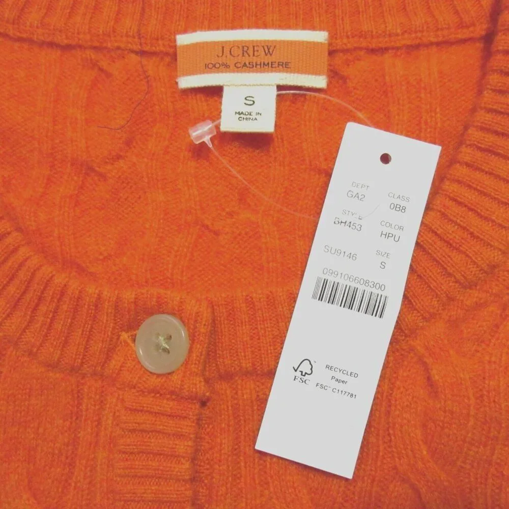 NWT J.Crew Cashmere Cable-knit Henley T-shirt in Heather Pumpkin Sweater S